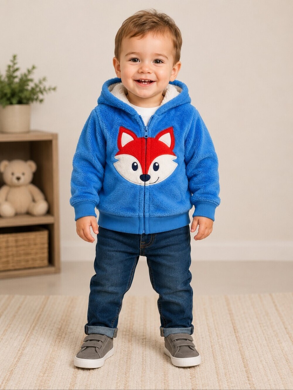 Healthtex Baby Blue Fox Full Zip Fuzzy Sherpa Hoodie Boys 18M Hooded Jacket EUC